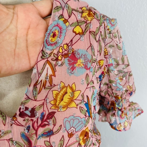 NWT WALTER BAKER FLORAL FITTED SMOCKED WAIST RUFFLE PINK PRIMROSE CHIFFON DRESS - Picture 2 of 8